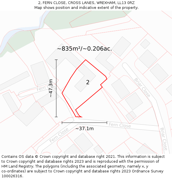 2, FERN CLOSE, CROSS LANES, WREXHAM, LL13 0RZ: Plot and title map