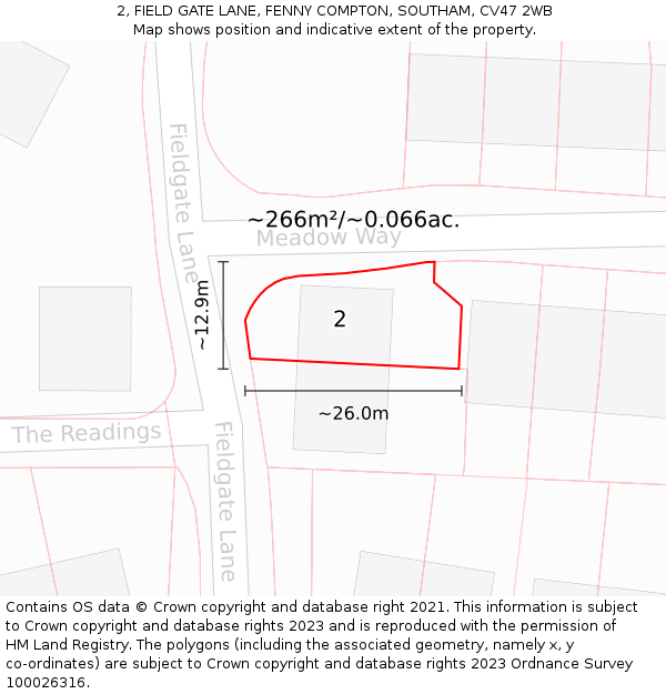 2, FIELD GATE LANE, FENNY COMPTON, SOUTHAM, CV47 2WB: Plot and title map