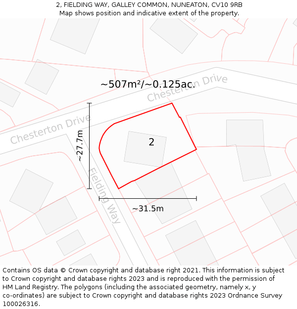 2, FIELDING WAY, GALLEY COMMON, NUNEATON, CV10 9RB: Plot and title map