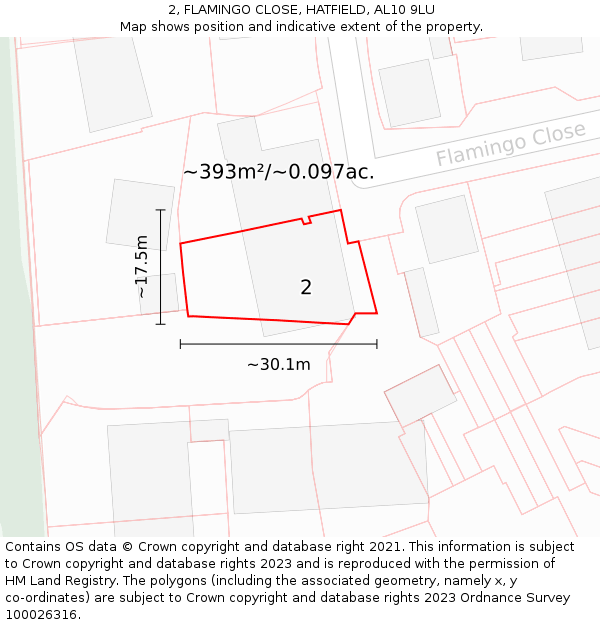 2, FLAMINGO CLOSE, HATFIELD, AL10 9LU: Plot and title map