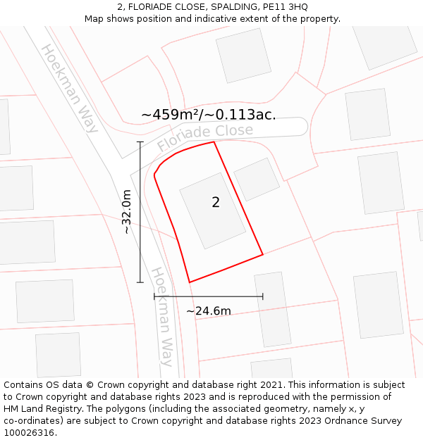 2, FLORIADE CLOSE, SPALDING, PE11 3HQ: Plot and title map