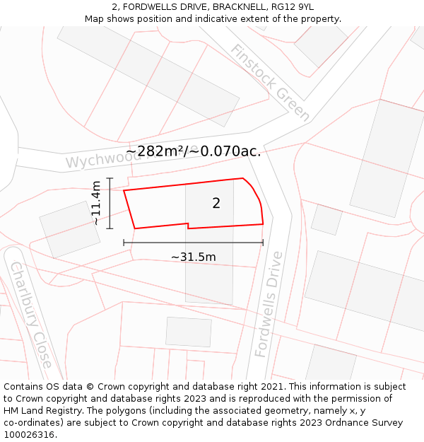 2, FORDWELLS DRIVE, BRACKNELL, RG12 9YL: Plot and title map