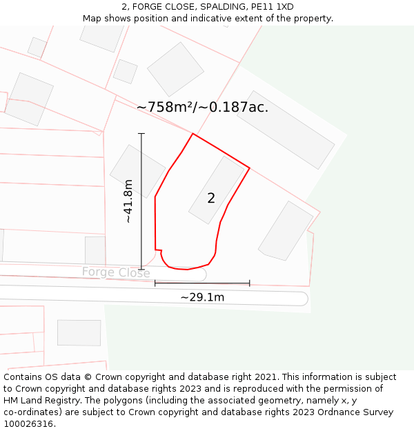 2, FORGE CLOSE, SPALDING, PE11 1XD: Plot and title map