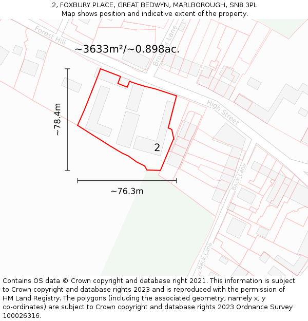 2, FOXBURY PLACE, GREAT BEDWYN, MARLBOROUGH, SN8 3PL: Plot and title map