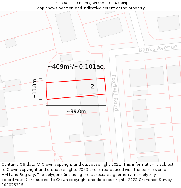 2, FOXFIELD ROAD, WIRRAL, CH47 0NJ: Plot and title map