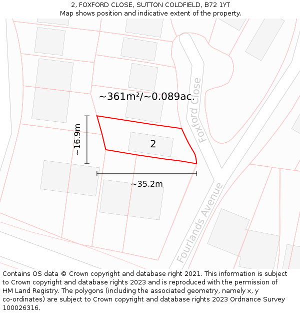 2, FOXFORD CLOSE, SUTTON COLDFIELD, B72 1YT: Plot and title map