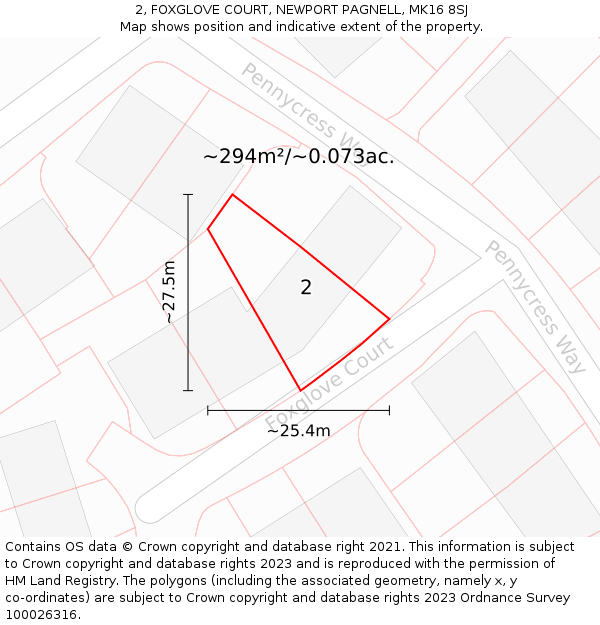 2, FOXGLOVE COURT, NEWPORT PAGNELL, MK16 8SJ: Plot and title map