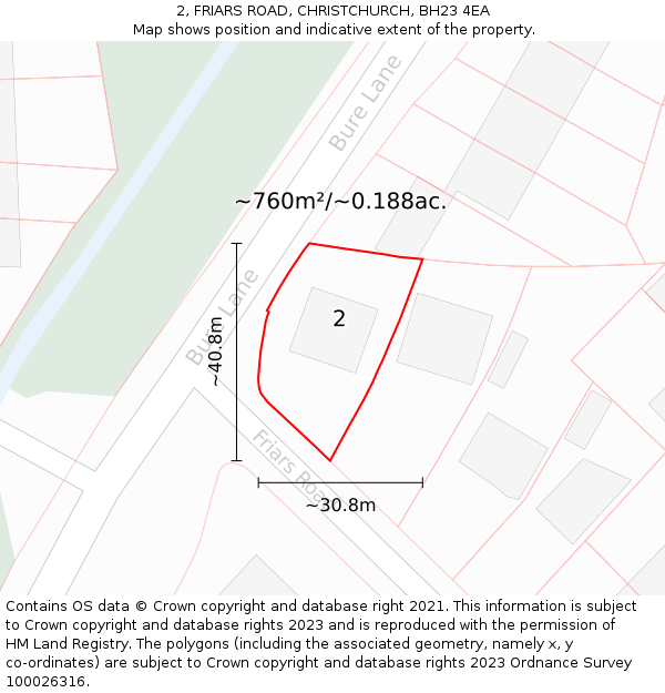 2, FRIARS ROAD, CHRISTCHURCH, BH23 4EA: Plot and title map