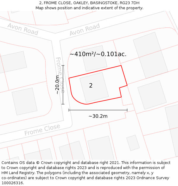 2, FROME CLOSE, OAKLEY, BASINGSTOKE, RG23 7DH: Plot and title map