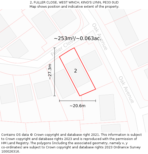 2, FULLER CLOSE, WEST WINCH, KING'S LYNN, PE33 0UD: Plot and title map