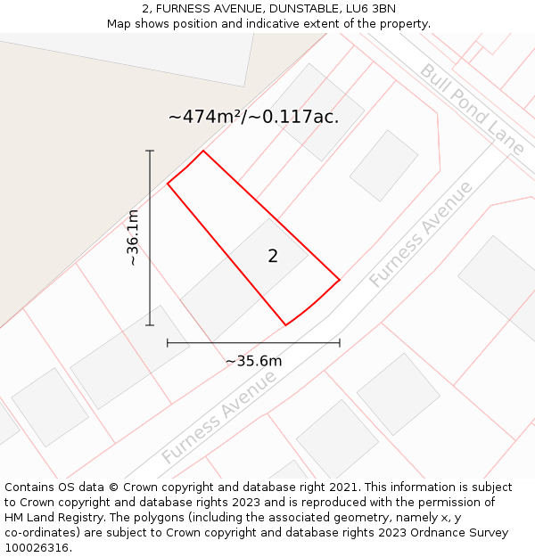 2, FURNESS AVENUE, DUNSTABLE, LU6 3BN: Plot and title map