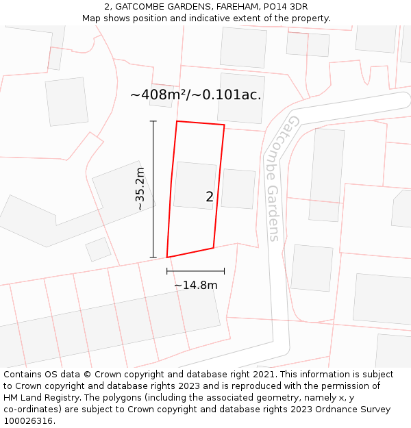 2, GATCOMBE GARDENS, FAREHAM, PO14 3DR: Plot and title map