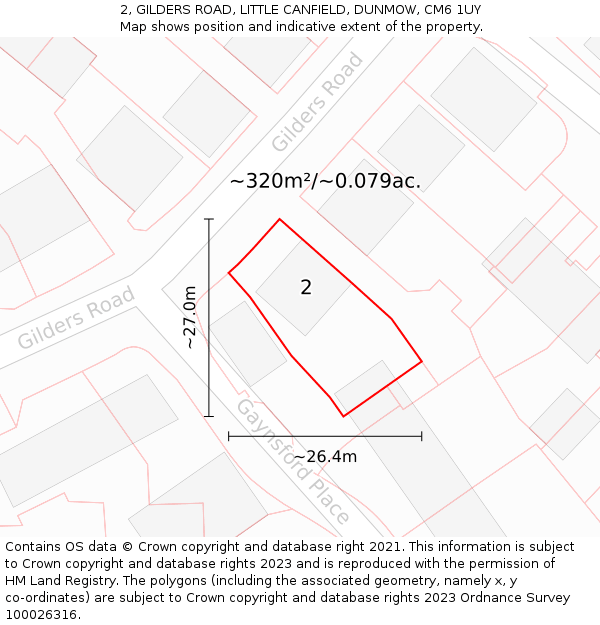 2, GILDERS ROAD, LITTLE CANFIELD, DUNMOW, CM6 1UY: Plot and title map