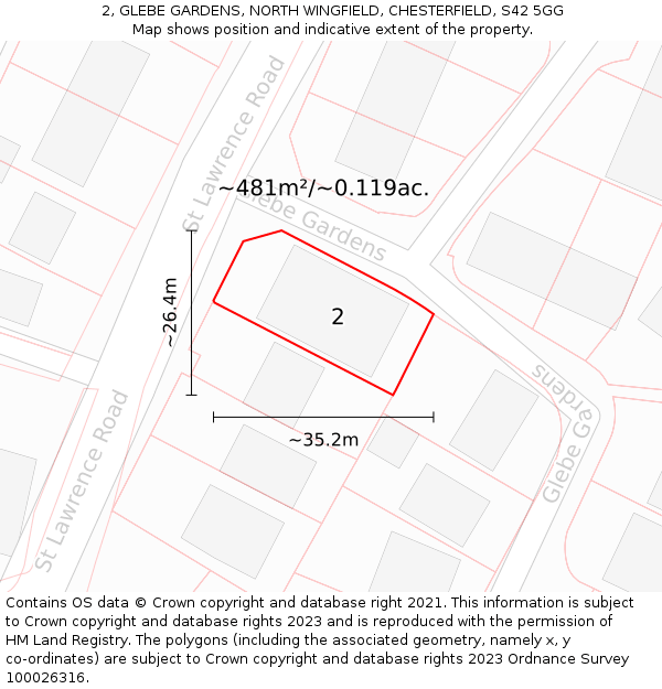2, GLEBE GARDENS, NORTH WINGFIELD, CHESTERFIELD, S42 5GG: Plot and title map