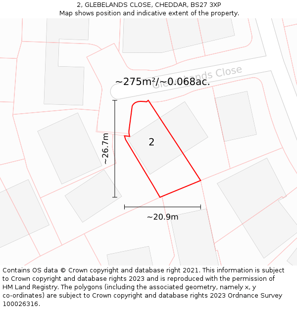 2, GLEBELANDS CLOSE, CHEDDAR, BS27 3XP: Plot and title map