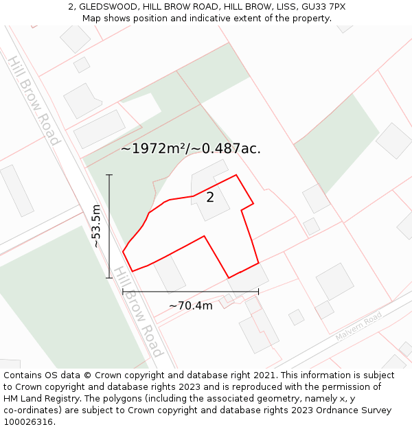 2, GLEDSWOOD, HILL BROW ROAD, HILL BROW, LISS, GU33 7PX: Plot and title map