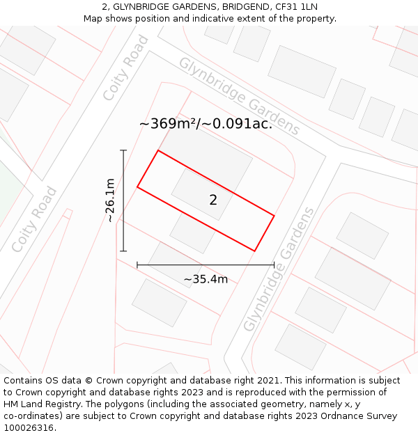 2, GLYNBRIDGE GARDENS, BRIDGEND, CF31 1LN: Plot and title map