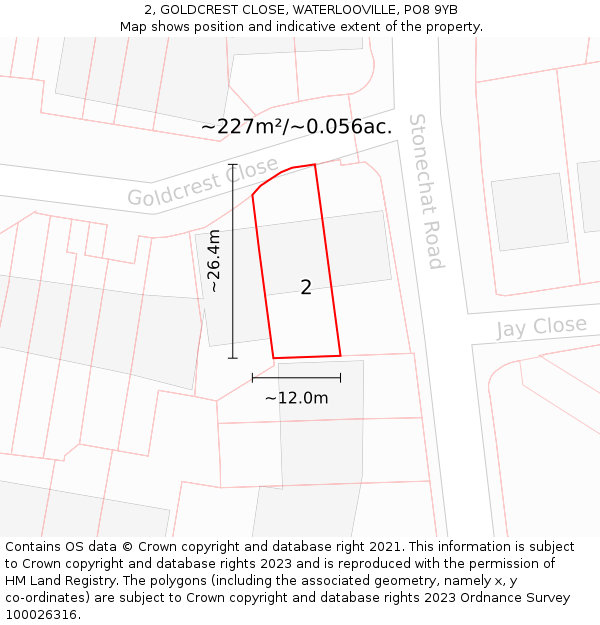 2, GOLDCREST CLOSE, WATERLOOVILLE, PO8 9YB: Plot and title map