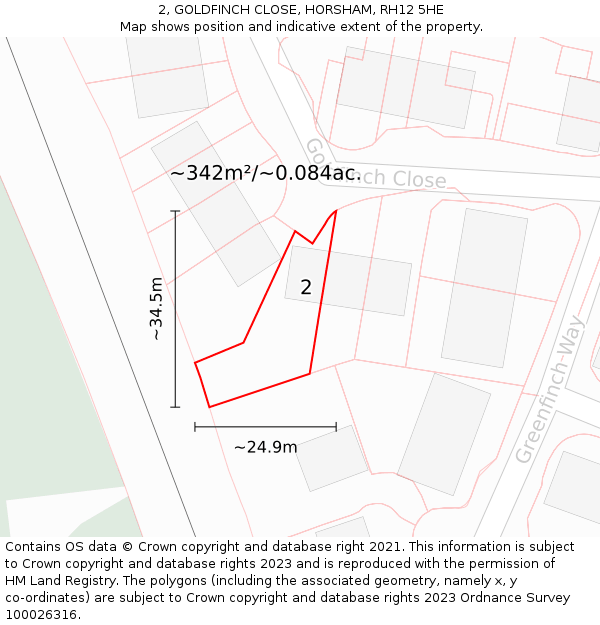 2, GOLDFINCH CLOSE, HORSHAM, RH12 5HE: Plot and title map