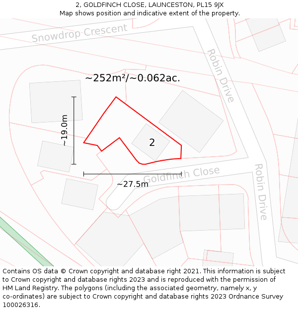 2, GOLDFINCH CLOSE, LAUNCESTON, PL15 9JX: Plot and title map