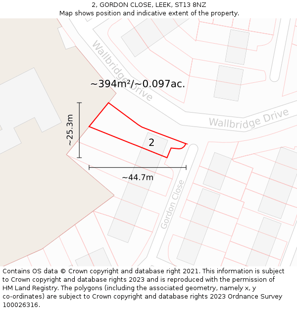 2, GORDON CLOSE, LEEK, ST13 8NZ: Plot and title map