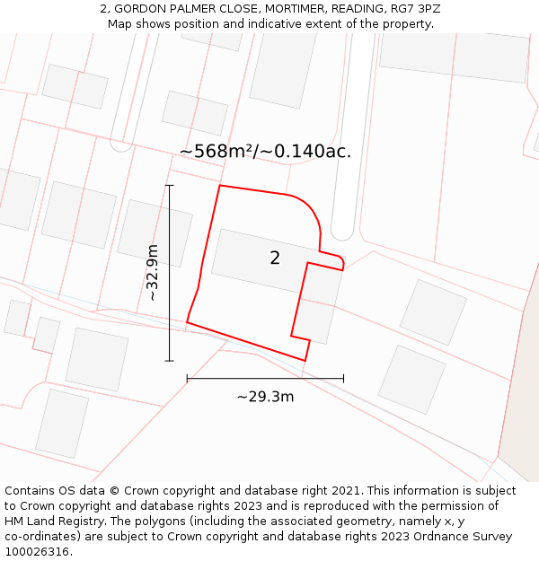 2, GORDON PALMER CLOSE, MORTIMER, READING, RG7 3PZ: Plot and title map