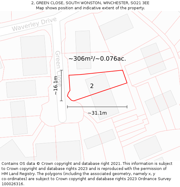 2, GREEN CLOSE, SOUTH WONSTON, WINCHESTER, SO21 3EE: Plot and title map