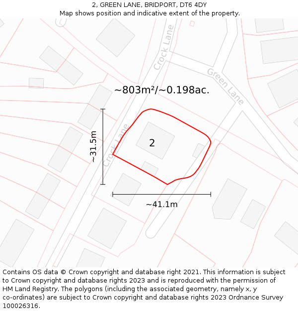 2, GREEN LANE, BRIDPORT, DT6 4DY: Plot and title map