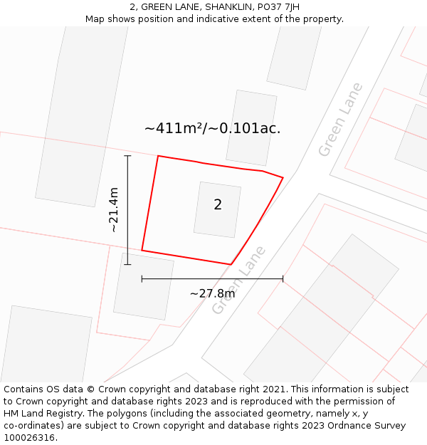 2, GREEN LANE, SHANKLIN, PO37 7JH: Plot and title map