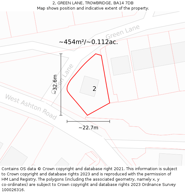 2, GREEN LANE, TROWBRIDGE, BA14 7DB: Plot and title map