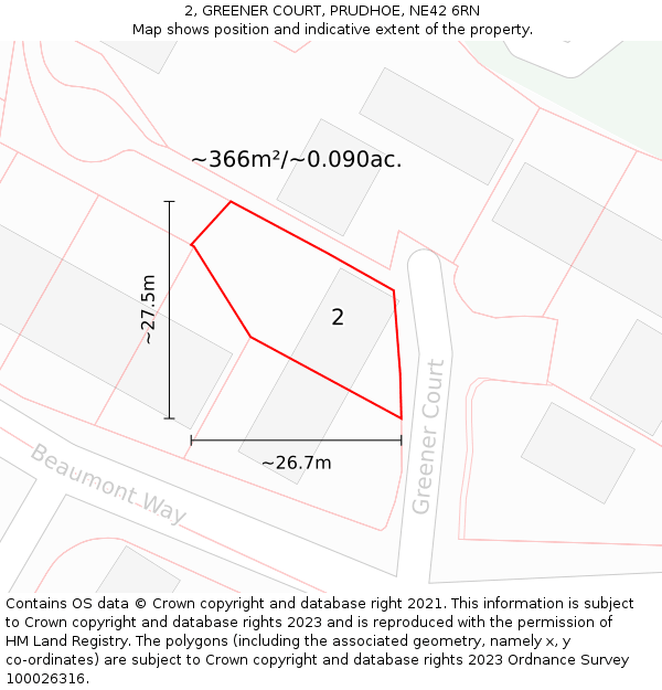 2, GREENER COURT, PRUDHOE, NE42 6RN: Plot and title map