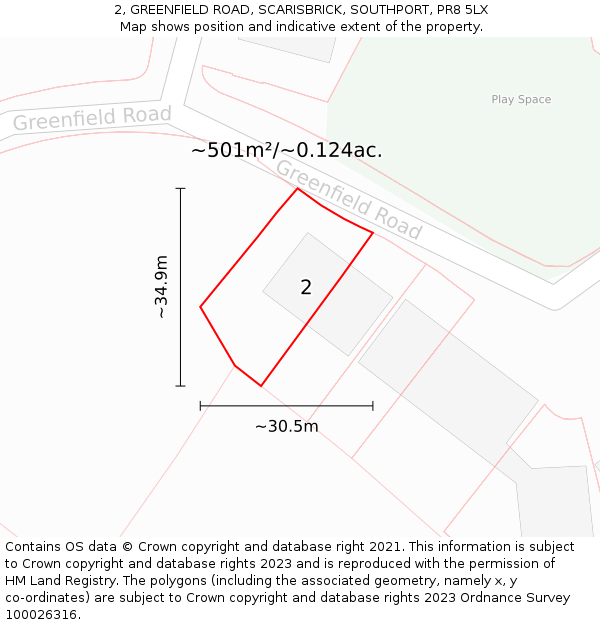 2, GREENFIELD ROAD, SCARISBRICK, SOUTHPORT, PR8 5LX: Plot and title map