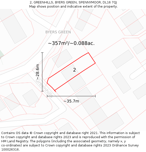 2, GREENHILLS, BYERS GREEN, SPENNYMOOR, DL16 7QJ: Plot and title map