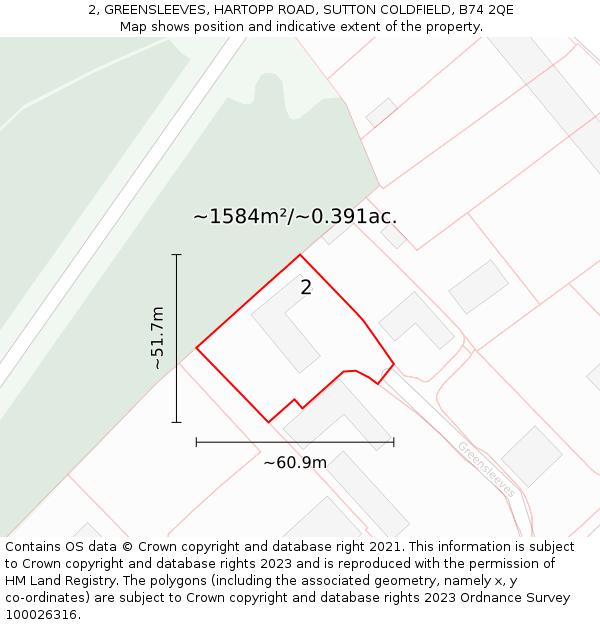 2, GREENSLEEVES, HARTOPP ROAD, SUTTON COLDFIELD, B74 2QE: Plot and title map