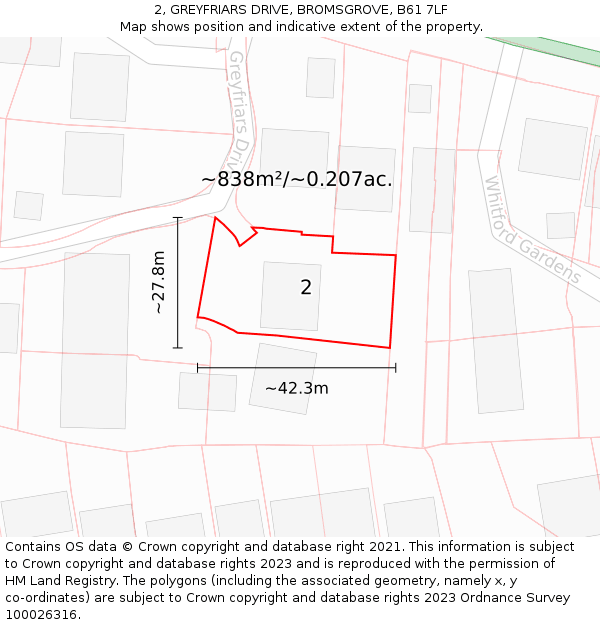 2, GREYFRIARS DRIVE, BROMSGROVE, B61 7LF: Plot and title map