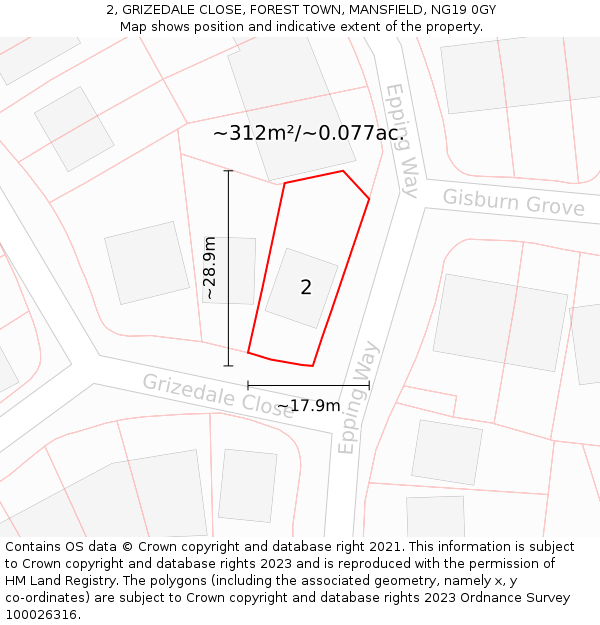 2, GRIZEDALE CLOSE, FOREST TOWN, MANSFIELD, NG19 0GY: Plot and title map