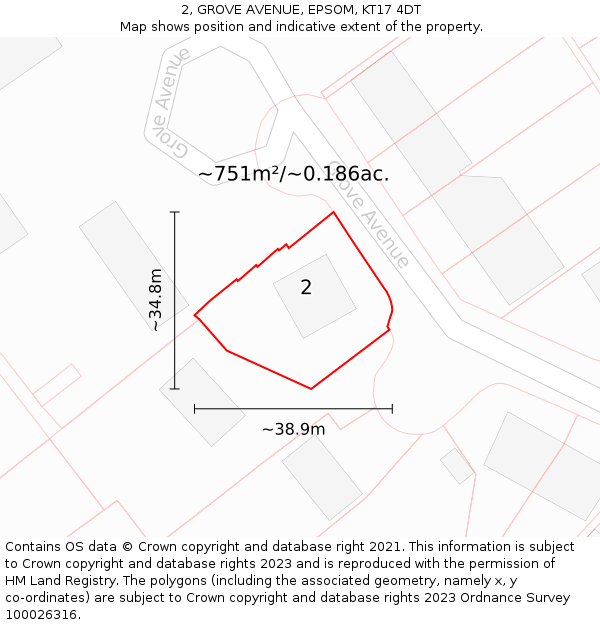 2, GROVE AVENUE, EPSOM, KT17 4DT: Plot and title map