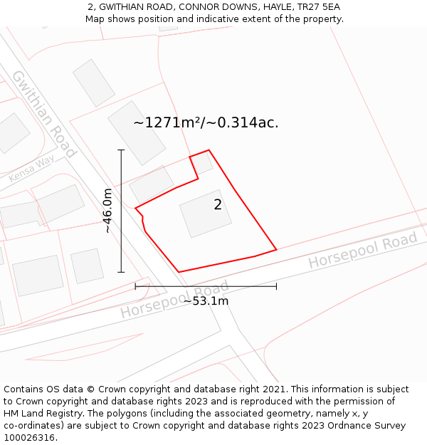 2, GWITHIAN ROAD, CONNOR DOWNS, HAYLE, TR27 5EA: Plot and title map