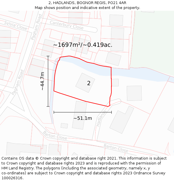 2, HADLANDS, BOGNOR REGIS, PO21 4AR: Plot and title map