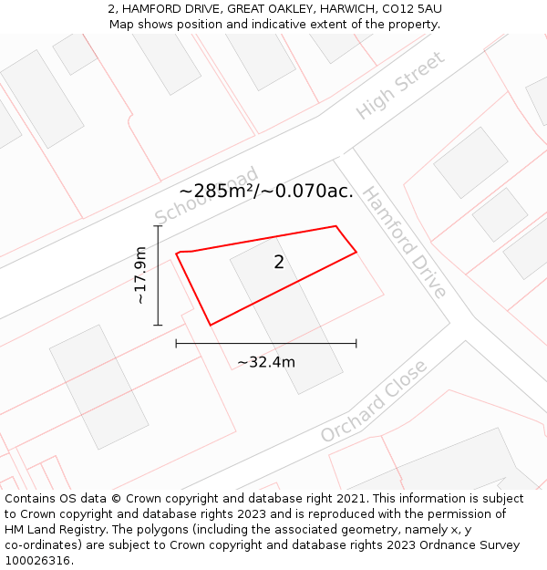 2, HAMFORD DRIVE, GREAT OAKLEY, HARWICH, CO12 5AU: Plot and title map