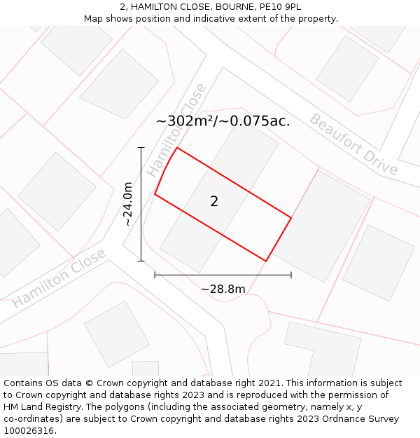 2, HAMILTON CLOSE, BOURNE, PE10 9PL: Plot and title map