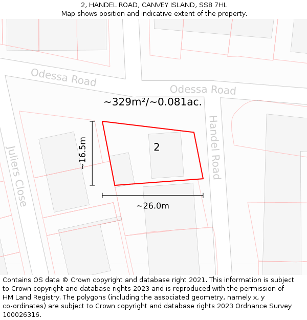 2, HANDEL ROAD, CANVEY ISLAND, SS8 7HL: Plot and title map