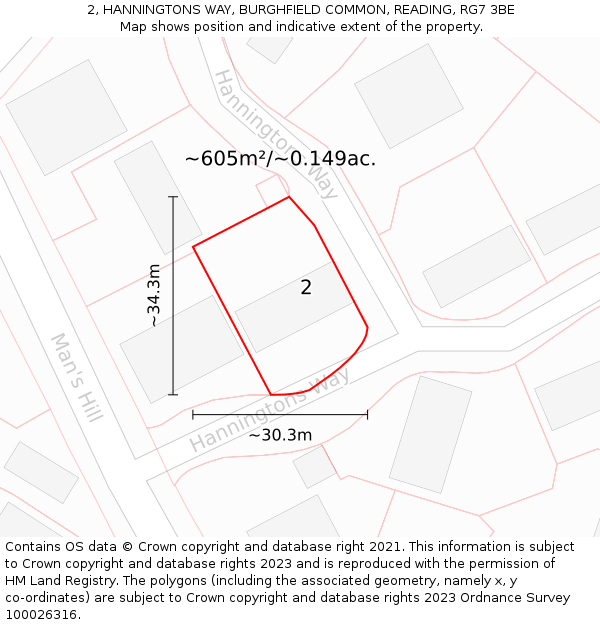 2, HANNINGTONS WAY, BURGHFIELD COMMON, READING, RG7 3BE: Plot and title map