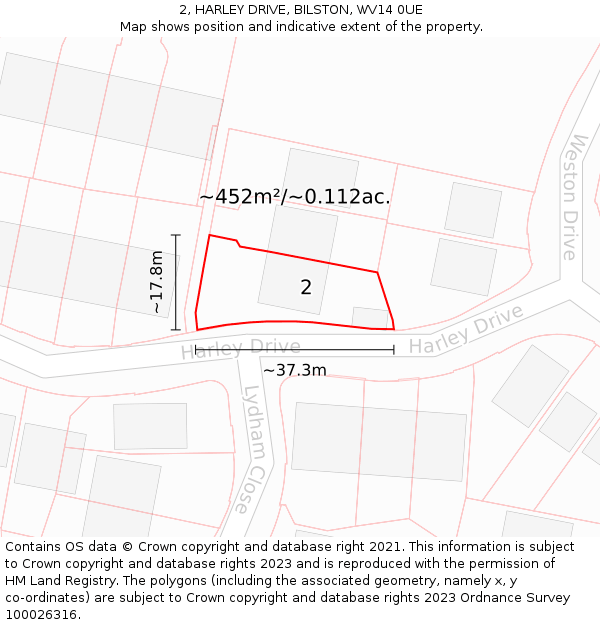 2, HARLEY DRIVE, BILSTON, WV14 0UE: Plot and title map