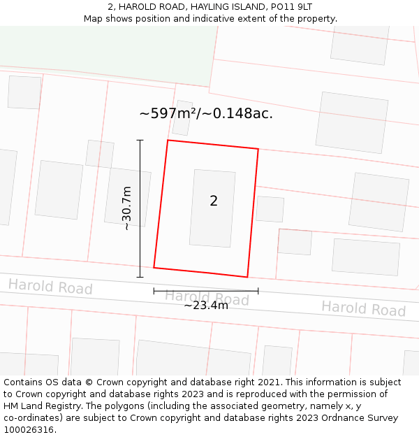 2, HAROLD ROAD, HAYLING ISLAND, PO11 9LT: Plot and title map