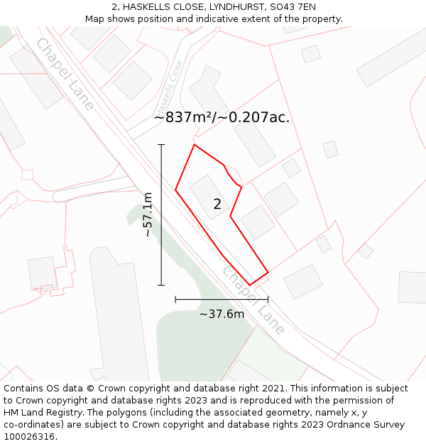 2, HASKELLS CLOSE, LYNDHURST, SO43 7EN: Plot and title map