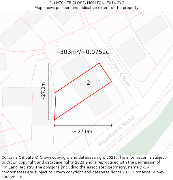 2, HATCHER CLOSE, HONITON, EX14 2YG: Plot and title map