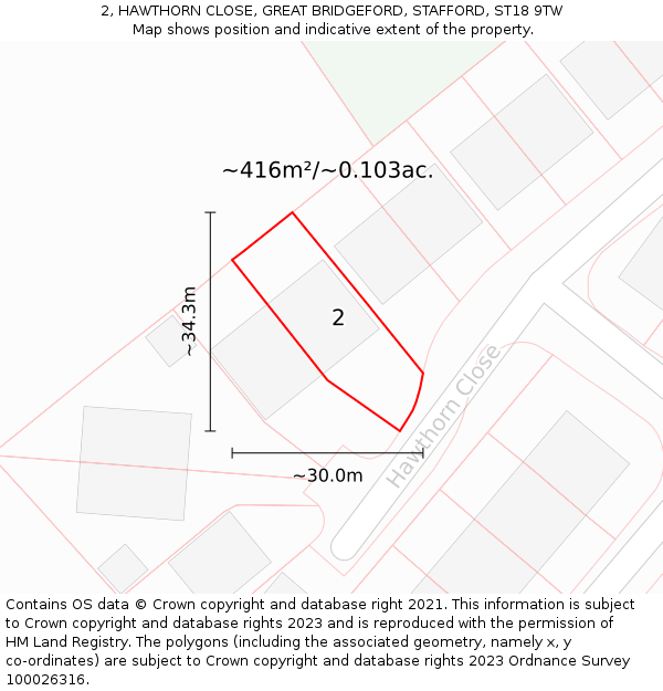 2, HAWTHORN CLOSE, GREAT BRIDGEFORD, STAFFORD, ST18 9TW: Plot and title map