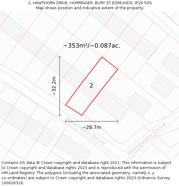 2, HAWTHORN DRIVE, HORRINGER, BURY ST EDMUNDS, IP29 5SS: Plot and title map