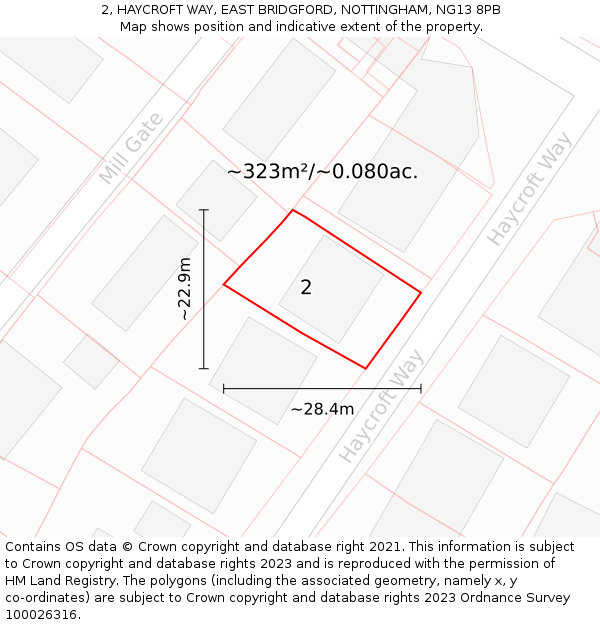 2, HAYCROFT WAY, EAST BRIDGFORD, NOTTINGHAM, NG13 8PB: Plot and title map